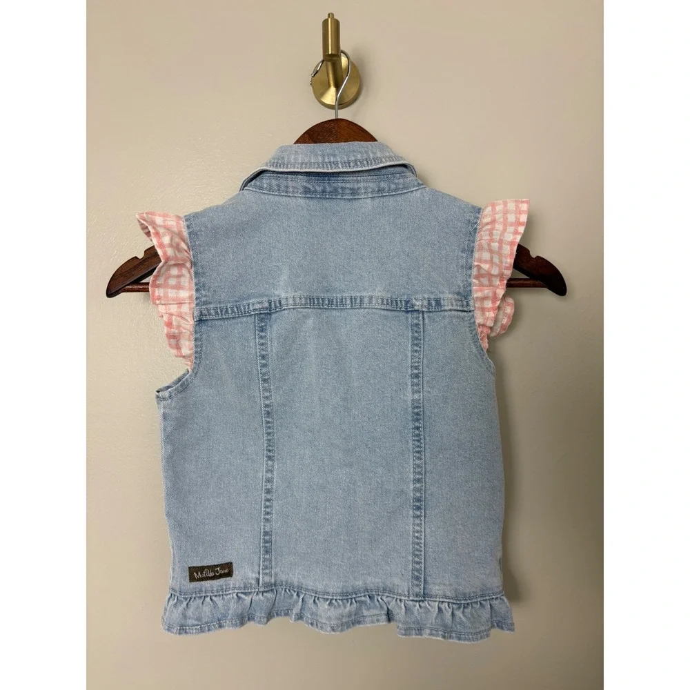 NWT Matilda Jane Denim Vest Girls 8 Light‎ Blue Pink Gingham Girlie Ruffle Bow